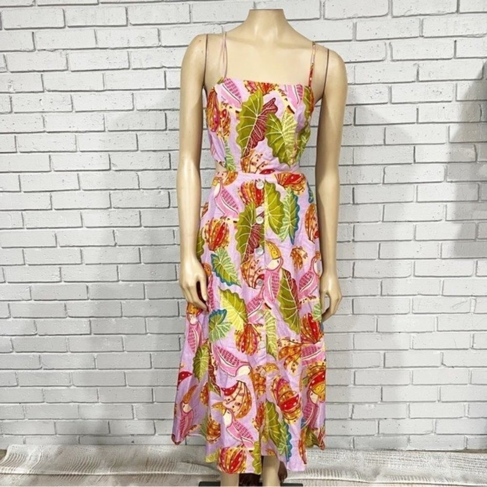 Farm Rio Lilac Beaks and Bananas Print Cutout Midi Dress Button Front Womens | M - Picture 4 of 16